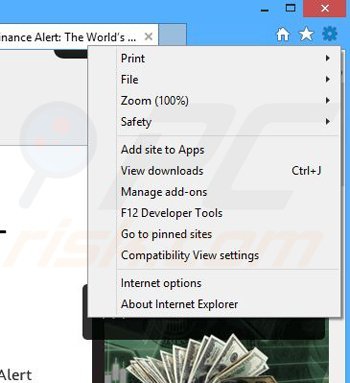 Removing Finance Alert ads from Internet Explorer step 1