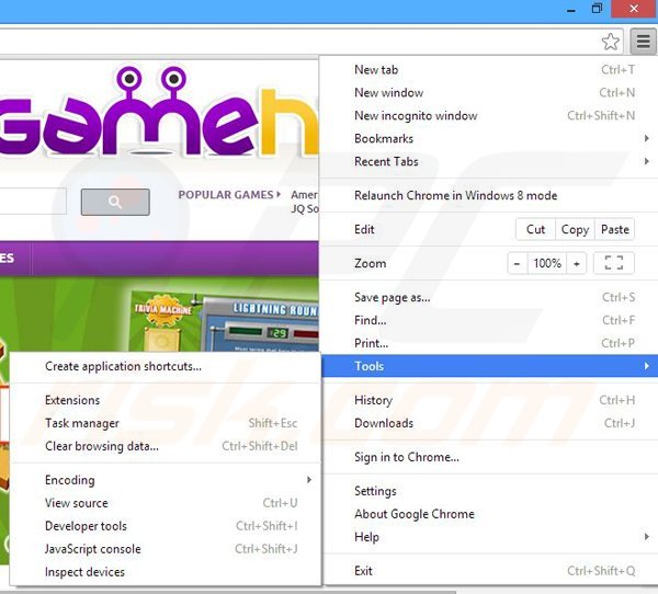 Removing GameHug ads from Google Chrome step 1