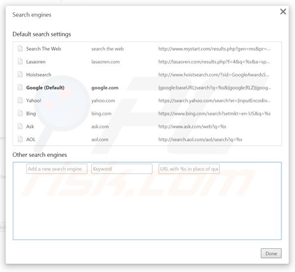Removing hoistsearch.com from Google Chrome default search engine