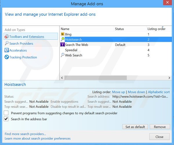 Removing hoistsearch.com from Internet Explorer default search engine