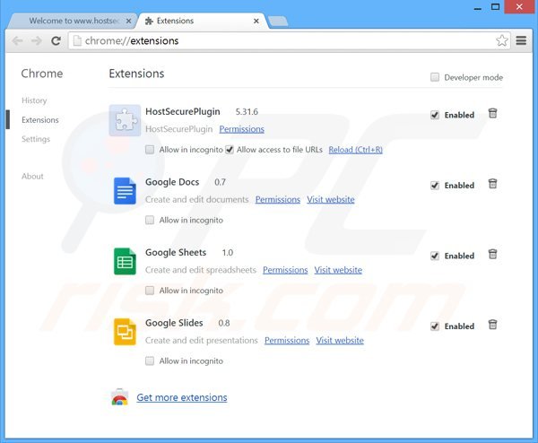 Removing hostsecureplugin ads from Google Chrome step 2
