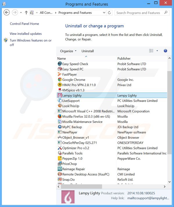 lampy lightly adware uninstall via Control Panel