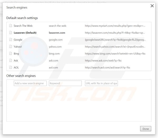 Removing lasaoren.com from Google Chrome default search engine