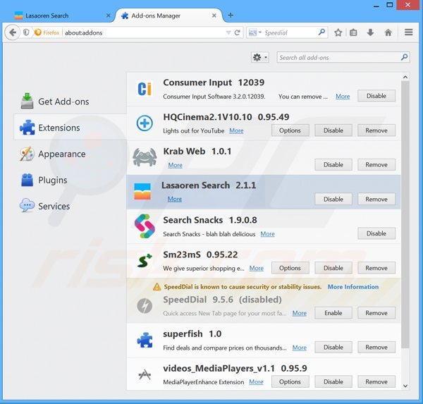 Removing lasaoren.com related Mozilla Firefox extensions
