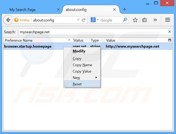 Removing mysearchpage.net from Mozilla Firefox default search engine