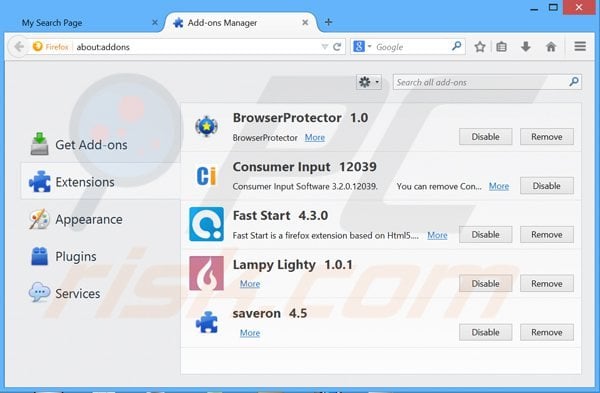 Removing mysearchpage.net related Mozilla Firefox extensions