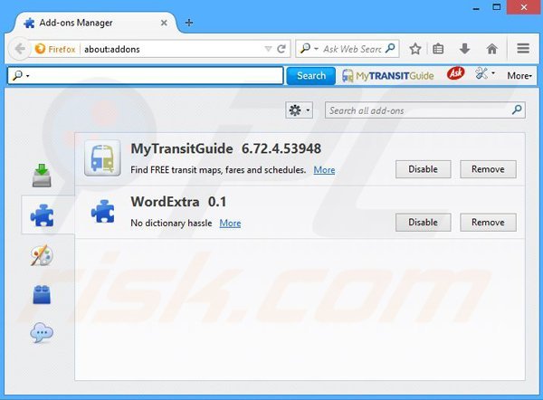 Removing MyTransitGuide related Mozilla Firefox extensions