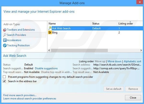 Removing MyTransitGuide from Internet Explorer default search engine