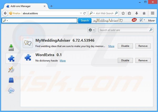 Removing MyWeddingAdviser related Mozilla Firefox extensions