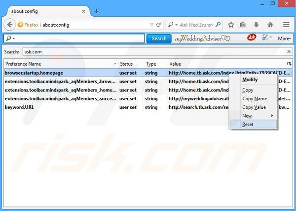 Removing MyWeddingAdviser from Mozilla Firefox default search engine