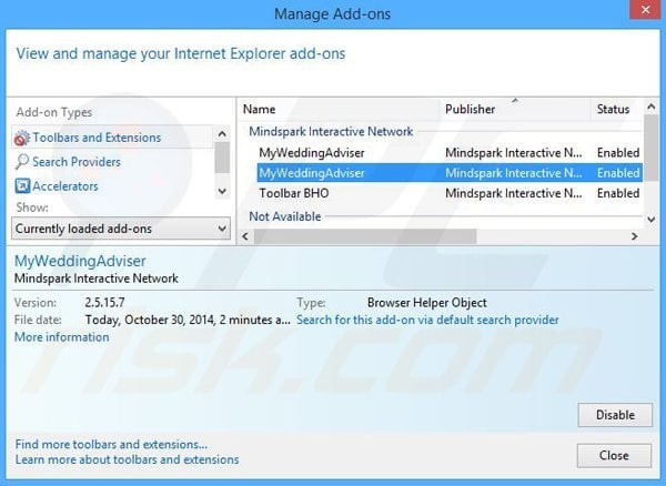 Removing MyWeddingAdviser related Internet Explorer extensions