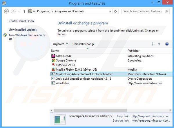 MyWeddingAdviser browser hijacker uninstall via Control Panel
