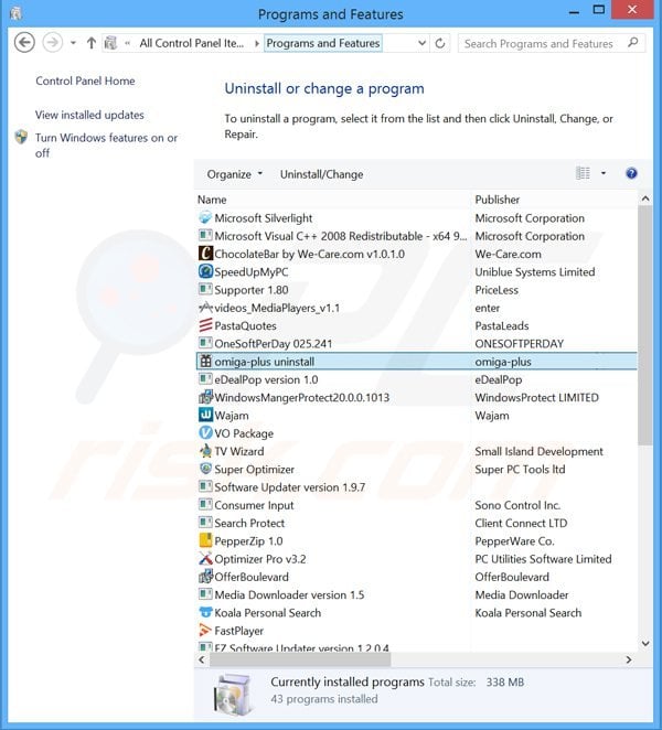 isearch.omiga-plus.com browser hijacker uninstall via Control Panel