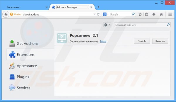 Removing Popcornew ads from Mozilla Firefox step 2