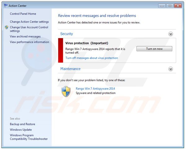 rango win7 antispyware 2014 displaying a fake Windows action center