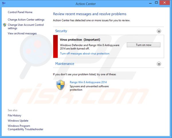 rango win8 antispyware 2014 displaying a fake Windows action center