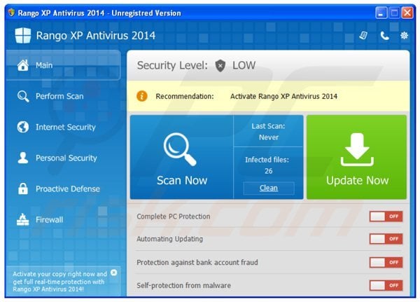 rango xp antivirus 2014 main window