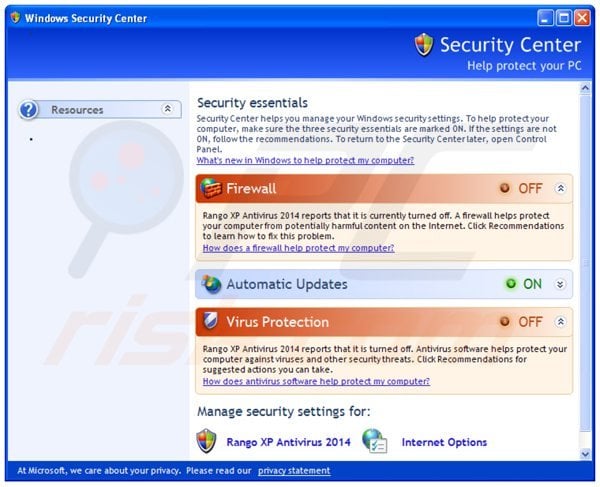 rango xp antivirus 2014 displaying a fake security center window
