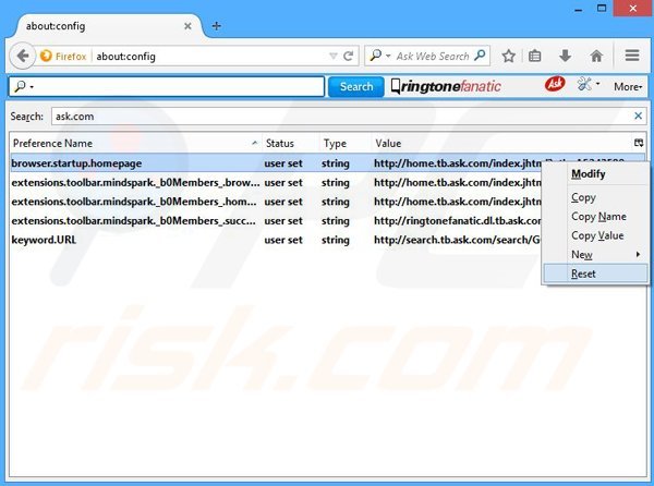 Removing RingtoneFanatic from Mozilla Firefox default search engine