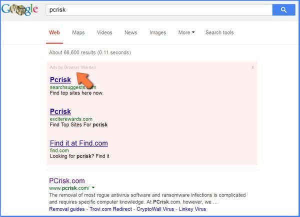 rogue ads in Google search results caused by Browser Warden adware