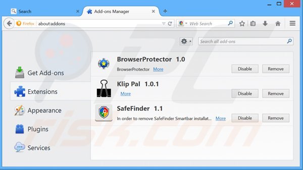 Removing search.safefinder.com related Mozilla Firefox extensions