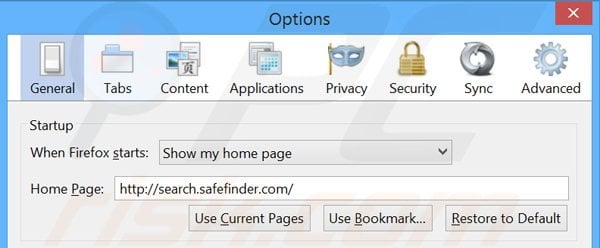 Removing search.safefinder.com from Mozilla Firefox homepage