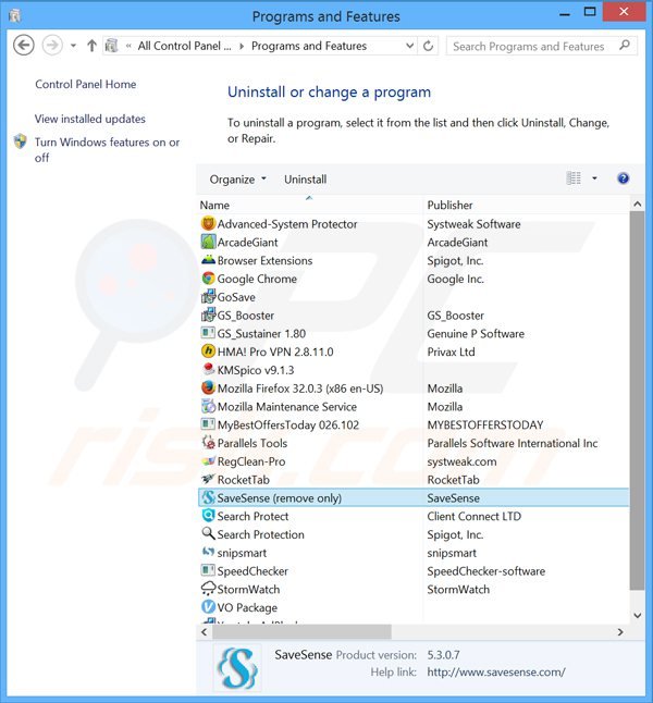 savesense adware uninstall via Control Panel