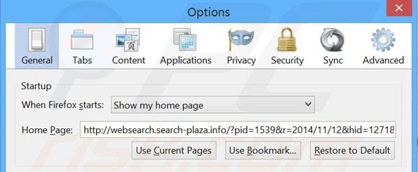 Removing websearch.search-plaza.info from Mozilla Firefox homepage