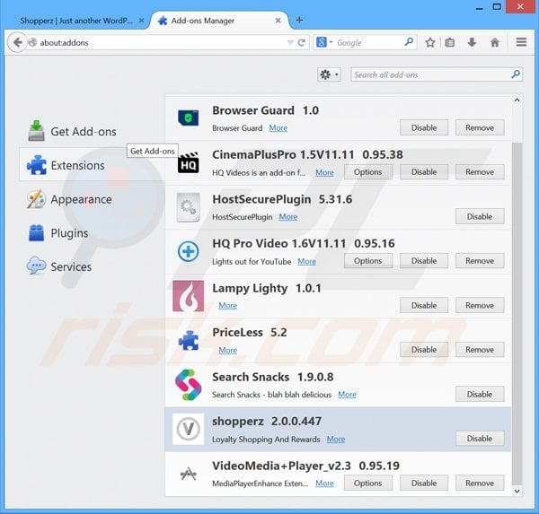 Removing shopperz ads from Mozilla Firefox step 2