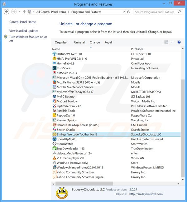 SmileysWeLove adware uninstall via Control Panel