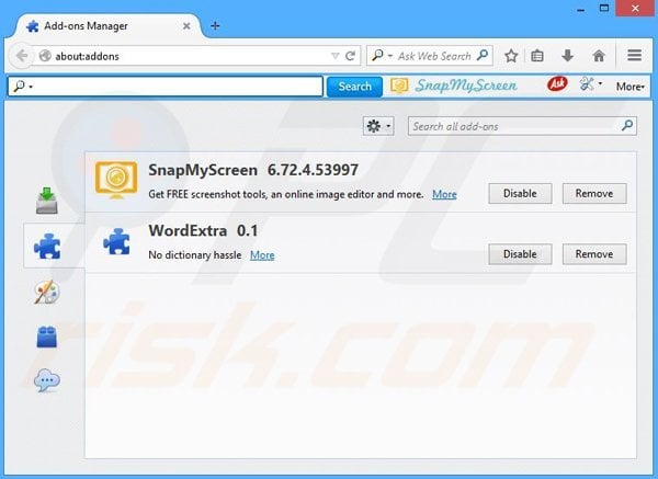 Removing SnapMyScreen related Mozilla Firefox extensions