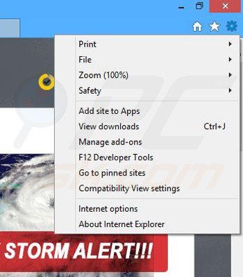 Removing Storm Alert ads from Internet Explorer step 1