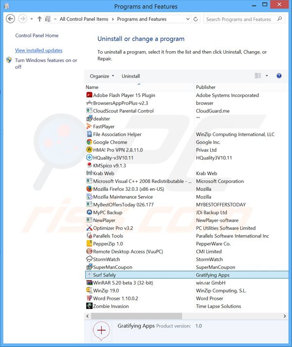 surf safely adware uninstall via Control Panel
