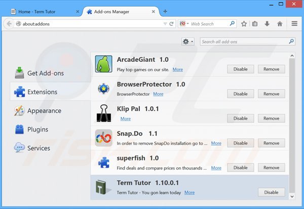 Removing term tutor ads from Mozilla Firefox step 2