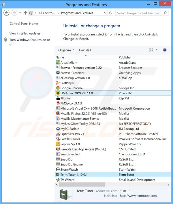 term tutor adware uninstall via Control Panel