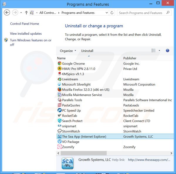 the sea app adware uninstall via Control Panel