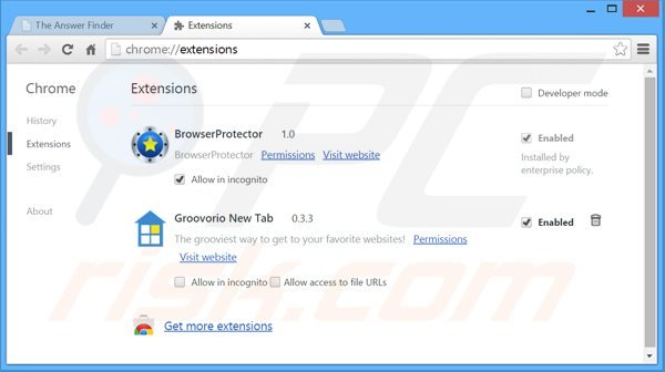 Removing theanswerfinder ads from Google Chrome step 2