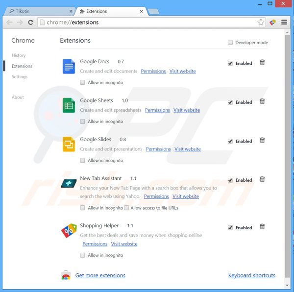 Removing tikotin.com related Google Chrome extensions