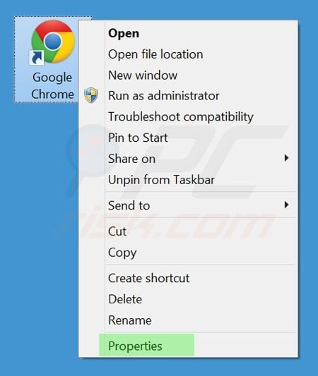 Removing tikotin.com from Google Chrome shortcut target step 1