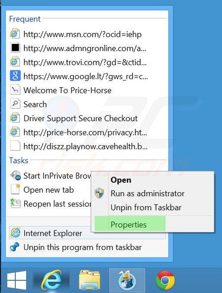 Removing tikotin.com from Internet Explorer shortcut target step 1