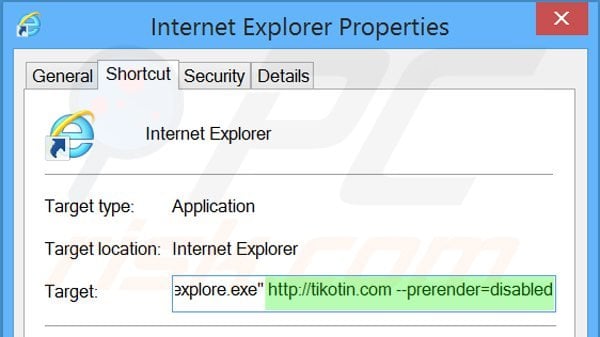 Removing tikotin.com from Internet Explorer shortcut target step 2