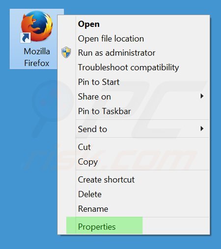 Removing tikotin.com from Mozilla Firefox shortcut target step 1