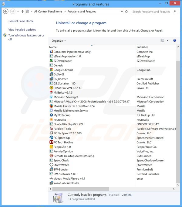 Uninstalling torcho.com related applications via Control Panel