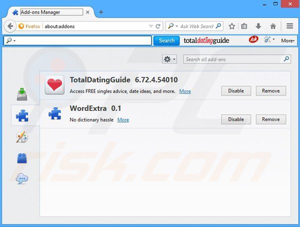 Removing TotalDatingGuide related Mozilla Firefox extensions