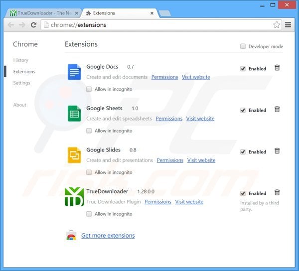 Removing TrueDownloader ads from Google Chrome step 2