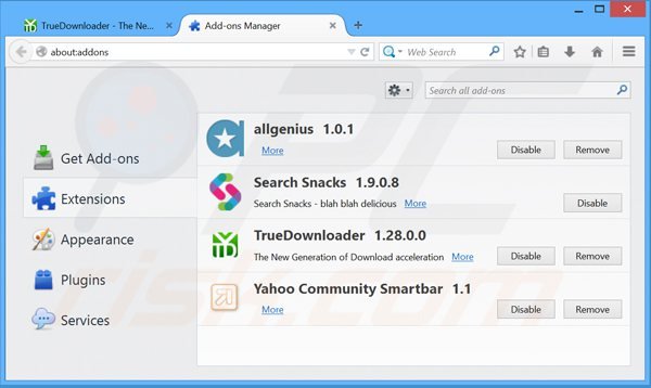 Removing TrueDownloader ads from Mozilla Firefox step 2
