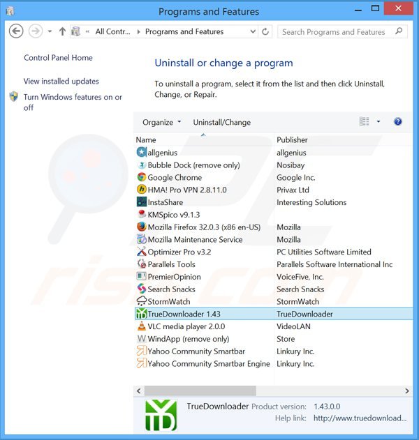 TrueDownloader adware uninstall via Control Panel