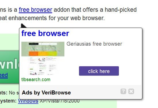 In-text ads generated by VeriBrowse adware