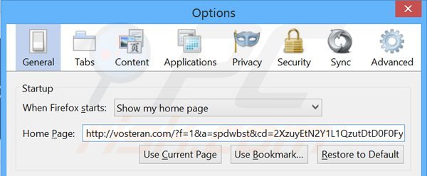Removing vosteran.com from Mozilla Firefox homepage