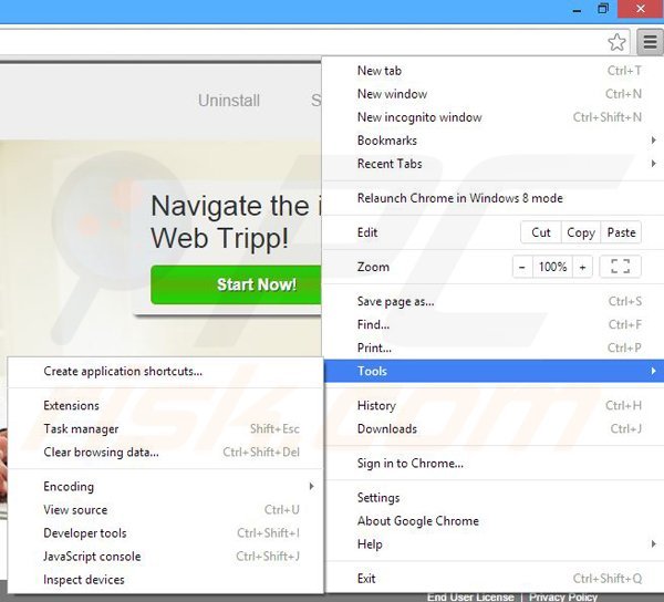 Removing Web Tripp from Google Chrome step 1